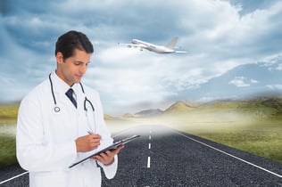 Composite image of smiling doctor holding pen and clipboard